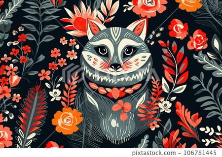 Image of pattern design using racoon and flowers and leaves. Wildlife Animals. Illustration, Generative AI. Image of pattern design using racoon and flowers and leaves. Wildlife Animals. Illustration, Generative AI. 106781445