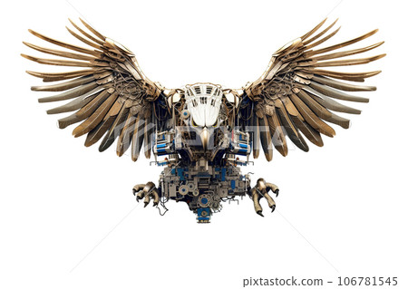 An eagle flying made of electronic machinery on a white background. Farm animals. illustration. Generative AI. 106781545