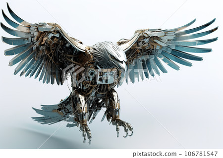 An eagle flying made of electronic machinery on a white background. Farm animals. illustration. Generative AI. 106781547