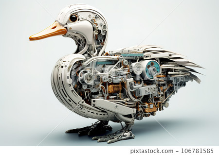 A duck made of electronic machinery on a white background. Farm animals. illustration. Generative AI. A duck made of electronic machinery on a white background. Farm animals. illustration. Generative AI. 106781585
