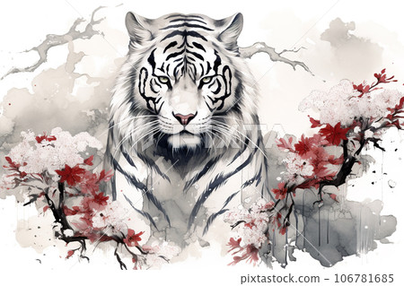 Image of tiger with pink cherry blossoms in ancient chinese style. Wildlife Animals. Nature. Illustration, Generative AI. Image of tiger with pink cherry blossoms in ancient chinese style. Wildlife Animals. Nature. Illustration, Generative AI. 106781685