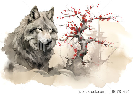 Image of wolf with pink cherry blossoms in ancient chinese style. Wildlife Animals. Nature. Illustration, Generative AI. 106781695