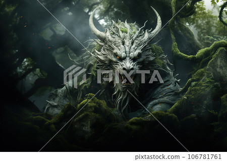 Image of a dragon in the forest with a scary atmosphere, Mythical creatures., Generative AI, Illustration. Image of a dragon in the forest with a scary atmosphere, Mythical creatures., Generative AI, Illustration. 106781761