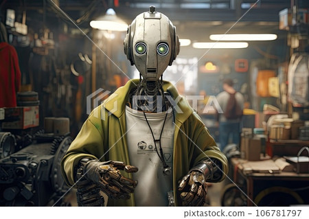 Funny robot repairman a car in auto repair shop. 106781797