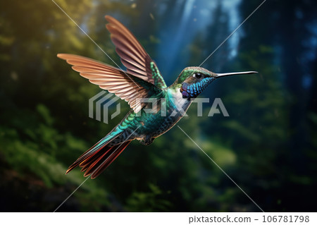 Image of a hummingbird flying, Bird, Wildlife Animals., Generative AI, Illustration. 106781798