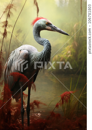 Image of demoiselle crane foraging in the forest, Bird, Wildlife Animals., Generative AI, Illustration. Image of demoiselle crane foraging in the forest, Bird, Wildlife Animals., Generative AI, Illustration. 106781803