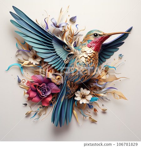 Image of a hummingbird flying and beautiful flowers, Bird, Wildlife Animals., Generative AI, Illustration. 106781829