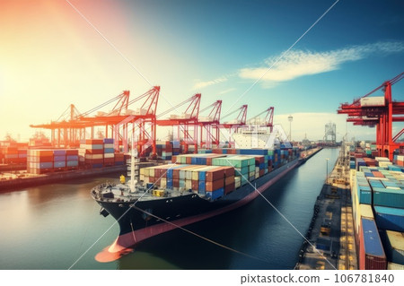 Busy seaport with cargo ships being loaded and unloaded. Busy seaport with cargo ships being loaded and unloaded. 106781840