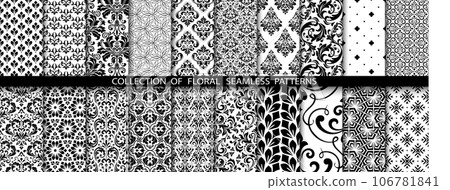 Geometric floral set of seamless patterns. White and black vector backgrounds. Damask graphic ornaments. Geometric floral set of seamless patterns. White and black vector backgrounds. Damask graphic ornaments. 106781841