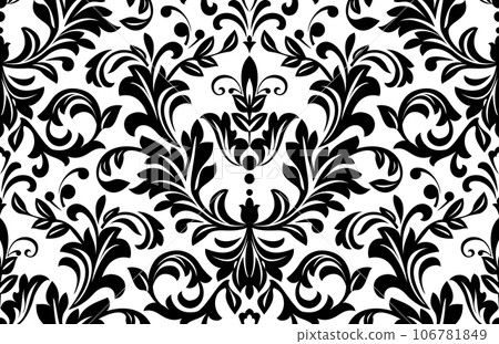 Wallpaper in the style of Baroque. Seamless vector background. White and black floral ornament. Graphic pattern for fabric, wallpaper, packaging. Ornate Damask flower ornament Wallpaper in the style of Baroque. Seamless vector background. White and black floral ornament. Graphic pattern for fabric, wallpaper, packaging. Ornate Damask flower ornament 106781849