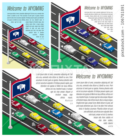Isometric flag of US state of Wyoming on flagpole fluttering in wind. Crossing of Wyoming border by car travels. Set of information horizontal, square and vertical vector banner Isometric flag of US state of Wyoming on flagpole fluttering in wind. Crossing of Wyoming border by car travels. Set of information horizontal, square and vertical vector banner 106781891