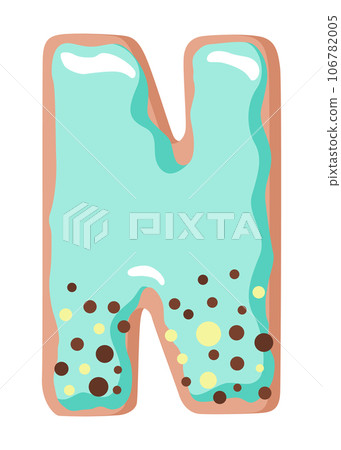 Cartoon cookies font. Vector letter baking in colored glaze. Creative gingerbread typography design. Childhood sweet donut. Letter N 106782005