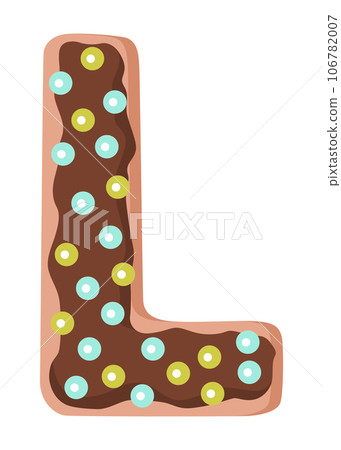 Cartoon cookies font. Vector letter baking in colored glaze. Creative gingerbread typography design. Childhood sweet donut. Letter L 106782007