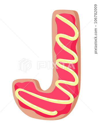 Cartoon cookies font. Vector letter baking in colored glaze. Creative gingerbread typography design. Childhood sweet donut. Letter J 106782009