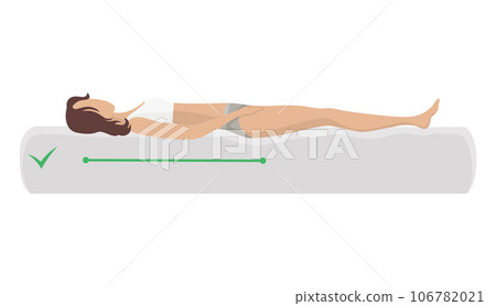 Correct sleeping body posture. Healthy sleeping position spine on orthopedic mattress and pillow. Caring for health of back, neck. Vector illustration Correct sleeping body posture. Healthy sleeping position spine on orthopedic mattress and pillow. Caring for health of back, neck. Vector illustration 106782021