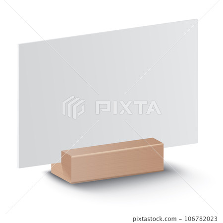 Blank card holder. Mockup template or menu frame. Realistic blank paper sheet. Desktop identification plate, nameplate isolated on white background Blank card holder. Mockup template or menu frame. Realistic blank paper sheet. Desktop identification plate, nameplate isolated on white background 106782023