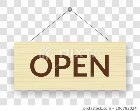 Open signboard icon. Announcement banner, information signage, board. Wooden hanging door sign for cafe, restaurant, bar or retail store. Vector illustration Open signboard icon. Announcement banner, information signage, board. Wooden hanging door sign for cafe, restaurant, bar or retail store. Vector illustration 106782024