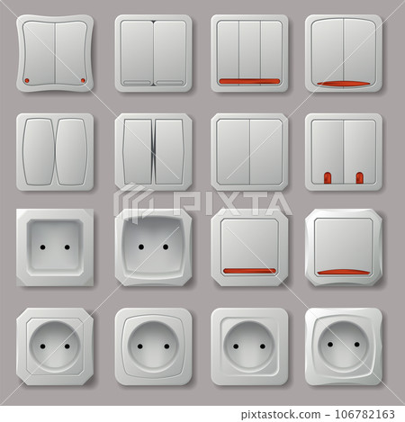 Realistic socket and electric switch icon set. Home buttons plastic light toggle. Interior wall outlets or electric connectors. Power electrical socket and switchers isolated on white background 106782163