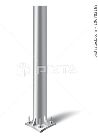 Metal pole pillar. Steel pipe bolted on flat base. Steel vertical cylinder footing for road sign, banner, billboard, isolated on white background. Vector illustration Metal pole pillar. Steel pipe bolted on flat base. Steel vertical cylinder footing for road sign, banner, billboard, isolated on white background. Vector illustration 106782168