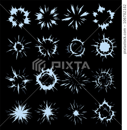 Explosion spark set. Cartoon burst effect of vector comic boom and bang. Bomb blasts or explosive power energy flash on black, war game attacks animation 106782182