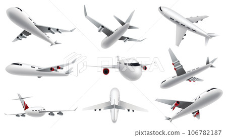 Airplanes on white background. Airliner in top, side, front view and isometric. Vector realistic aircraft. Passenger plane, sky flying aeroplane and airplane in different views Airplanes on white background. Airliner in top, side, front view and isometric. Vector realistic aircraft. Passenger plane, sky flying aeroplane and airplane in different views 106782187