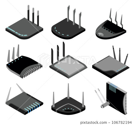 Router isometric icons set. Vector wifi routers, internet modem for web design isolated on white background 106782194