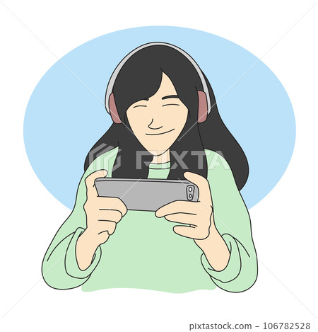 young woman wearing headset and playing online game on smartphone illustration vector hand drawn isolated on white background young woman wearing headset and playing online game on smartphone illustration vector hand drawn isolated on white background 106782528