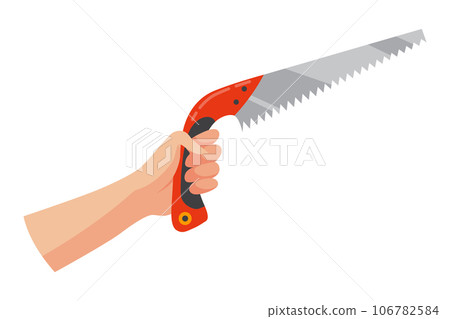 Construction tool in hand, saw. Repair and housework equipment in flat design, vector illustration. Master tool for building renovation Construction tool in hand, saw. Repair and housework equipment in flat design, vector illustration. Master tool for building renovation 106782584