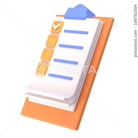 3d white clipboard icon task management todo check list on orange plane background. Work project plan concept, fast checklist, posting plan. productivity checklist 106782884
