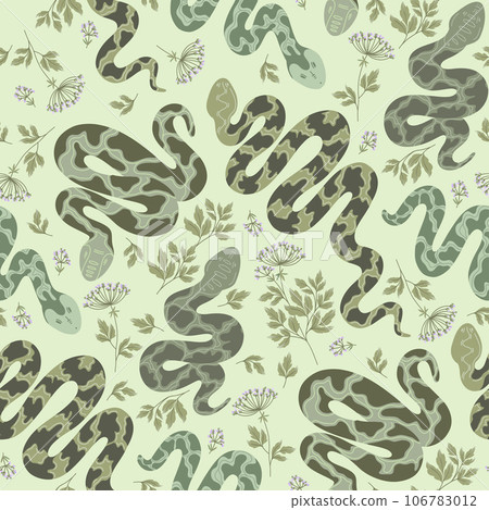Seamless pattern with snakesand wild plants. 106783012