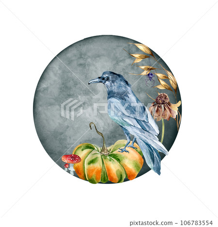 Autumn night composition with raven on pumpkin at moon watercolor illustration isolated on white. Fly agaric, black crow, plants hand drawn. Design element for card, print, Halloween poster Autumn night composition with raven on pumpkin at moon watercolor illustration isolated on white. Fly agaric, black crow, plants hand drawn. Design element for card, print, Halloween poster 106783554