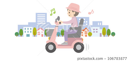 Illustration of a senior woman riding an electric cart 106783877