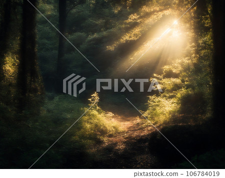Sunbeams falling into the forest [AI generated image] 106784019