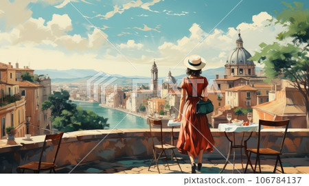 Woman in a sun hat exploring the streets of a European city 106784137