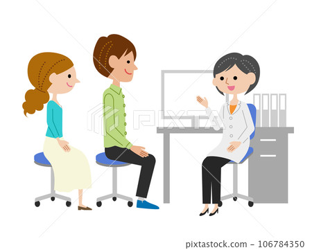A young couple receiving explanations from a female doctor in the examination room A young couple receiving explanations from a female doctor in the examination room 106784350