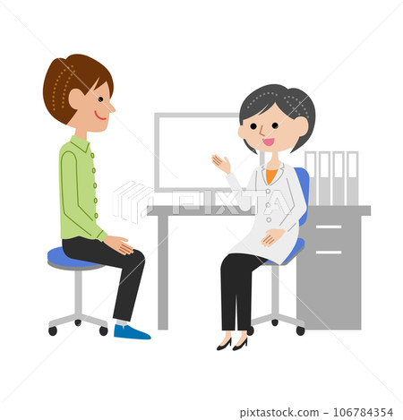 Young man receiving explanation from female doctor in examination room 106784354