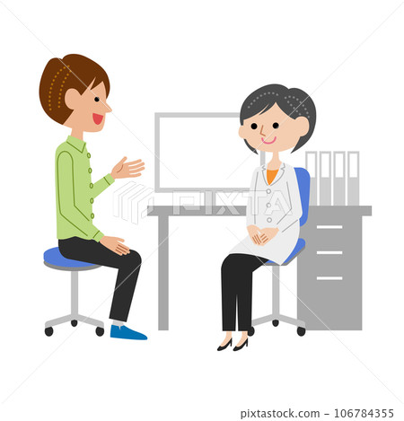 Young man explaining to a female doctor in the examination room 106784355