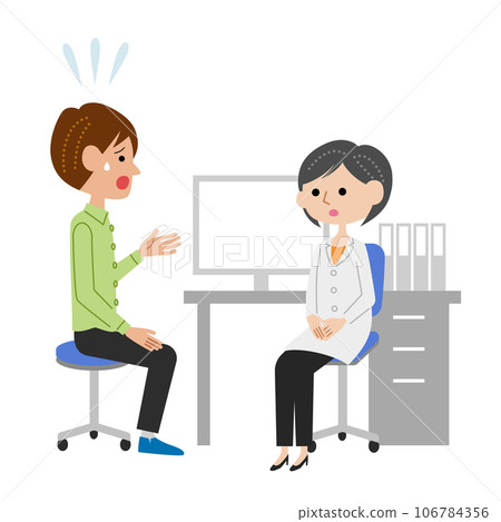 一名年輕男子在檢查室向女醫生講述自己的焦慮 106784356