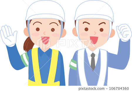 Workers_Traffic guidance guards wearing helmets_Men and women_Upper body 106784360