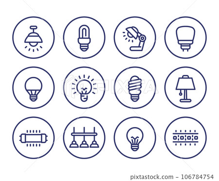 light bulbs, illumination and lamps line icons set 106784754