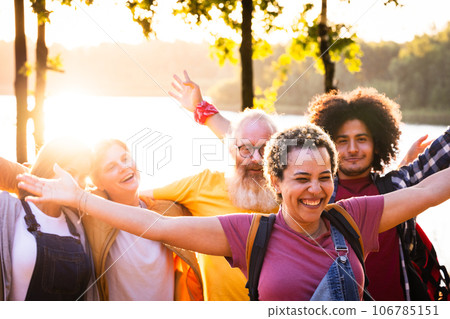 Summer Joy by the Lakeside: Multiracial Friends Unite Summer Joy by the Lakeside: Multiracial Friends Unite 106785151