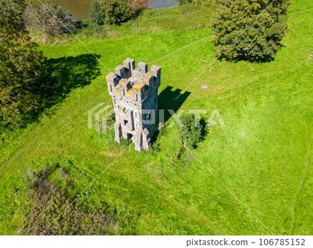 Lembeek, Halle, Belgium, september 4th, 2023, Aerial view of the tower of Malakoff Domain in commune Lembeek, Halle, Belgium, september 4th, 2023, Aerial view of the tower of Malakoff Domain in commune 106785152