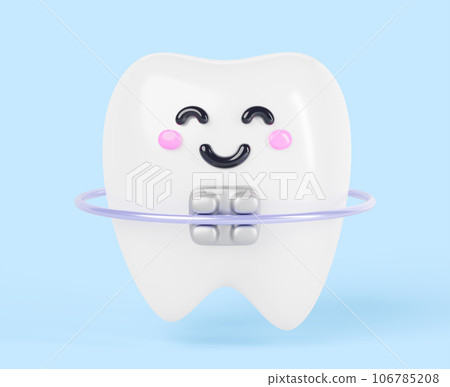 Teeth cartoon kawaii character with metal dental braces 3d render icon. Cute smiling tooth with brackets and arch wire for orthodontic treatment and correction on blue background. 3D illustration 106785208