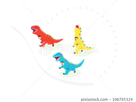 霸王龍比賽,人們穿著服裝奔跑和完成比賽 霸王龍比賽,人們穿著服裝奔跑和完成比賽 106785324