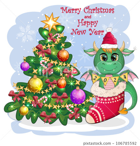 A cute cartoon green dragon in a Santa hat holds a red gift and sits next to the Christmas tree. 2024 new year 106785592