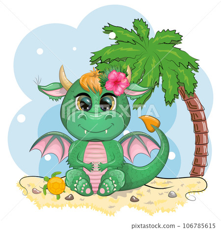 Cute cartoon green baby dragon with ukulele on the beach. Symbol of 2024 according to the Chinese calendar Cute cartoon green baby dragon with ukulele on the beach. Symbol of 2024 according to the Chinese calendar 106785615