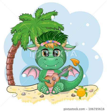 Cute cartoon green baby dragon with ukulele on the beach. Symbol of 2024 according to the Chinese calendar Cute cartoon green baby dragon with ukulele on the beach. Symbol of 2024 according to the Chinese calendar 106785616