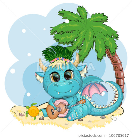 Cute cartoon green baby dragon with ukulele on the beach. Symbol of 2024 according to the Chinese calendar Cute cartoon green baby dragon with ukulele on the beach. Symbol of 2024 according to the Chinese calendar 106785617