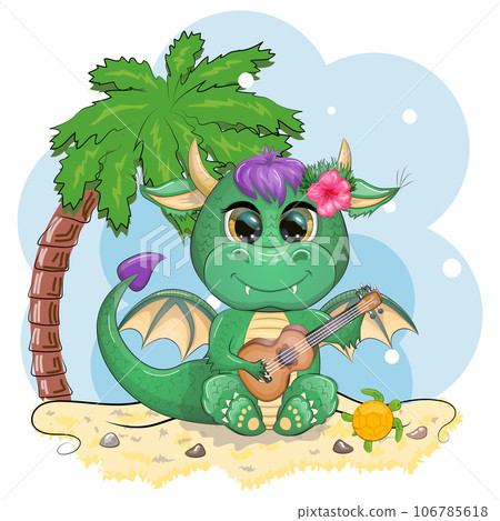 Cute cartoon green baby dragon with ukulele on the beach. Symbol of 2024 according to the Chinese calendar Cute cartoon green baby dragon with ukulele on the beach. Symbol of 2024 according to the Chinese calendar 106785618