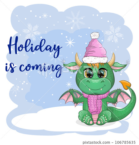 Cute cartoon green dragon in santa hat. 2024 new year, chinese calendar 106785635